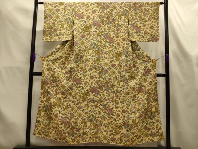 平和屋着物■上質な小紋 花風景文 鬼しぼ縮緬 正絹 逸品 AABL4372sx