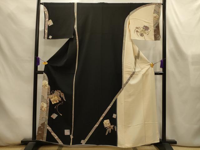 平和屋着物■訪問着 作家物 駒刺繍 糸巻花蝶宝尽くし 暈し染め 黒地 金彩 正絹 逸品 AABL4382sx