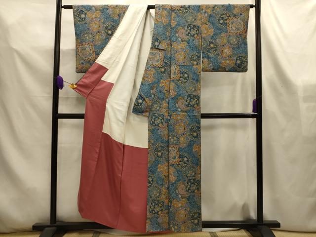 平和屋着物■上質な小紋 更紗花絵皿文 鬼しぼ縮緬 正絹 逸品 AABL4403sx