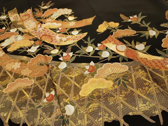 平和屋着物■豪華黒留袖 駒刺繍 螺鈿 飛鶴花短冊文 金彩 正絹 逸品 AABL4441sx