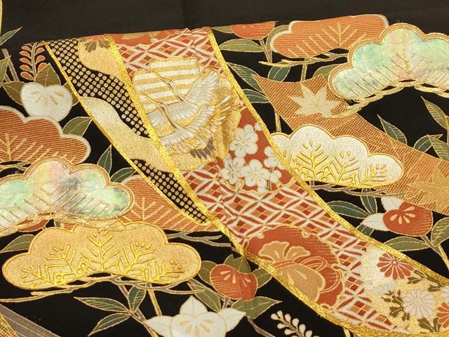平和屋着物■豪華黒留袖 駒刺繍 螺鈿 飛鶴花短冊文 金彩 正絹 逸品 AABL4441sx
