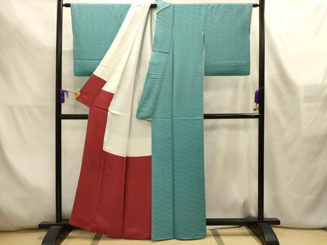 平和屋着物■上質な色無地 折り鶴地紋 白群色 正絹 逸品 AABL4462sx