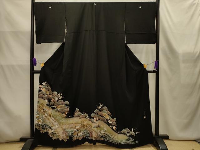 平和屋着物■豪華黒留袖 作家物 駒刺繍 渡橋御所車風景文 金彩 正絹 逸品 AABL4476sx