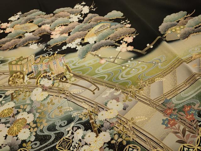 平和屋着物■豪華黒留袖 作家物 駒刺繍 渡橋御所車風景文 金彩 正絹 逸品 AABL4476sx