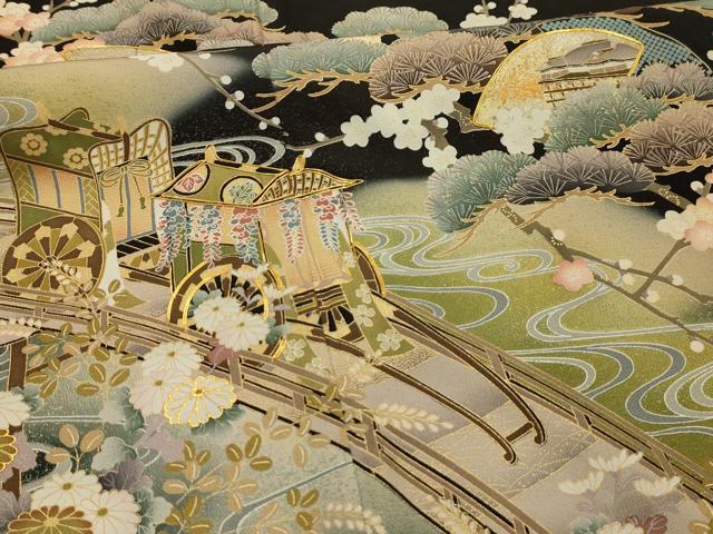 平和屋着物■豪華黒留袖 作家物 駒刺繍 渡橋御所車風景文 金彩 正絹 逸品 AABL4476sx