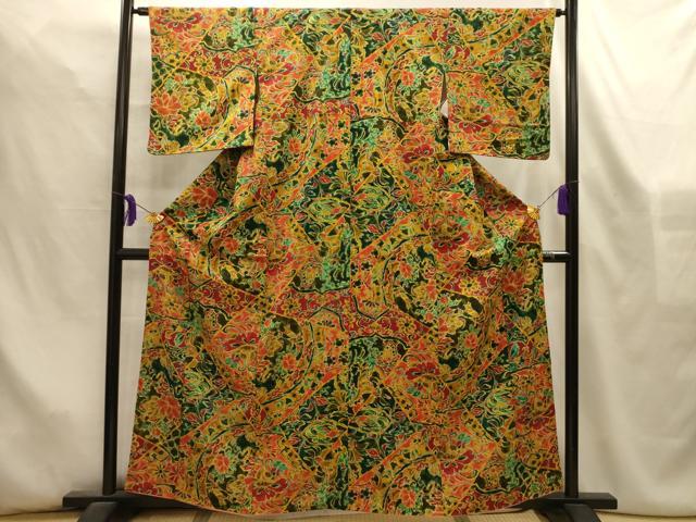 平和屋着物■上質な小紋 裂取更紗花鳥文 正絹 逸品 AABL4481sx