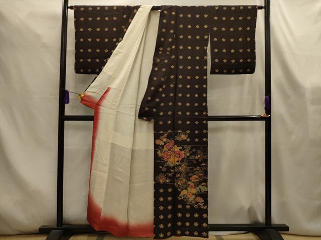 平和屋着物■訪問着 型染め 松竹梅霞取花文 黒地 正絹 逸品 AABL4491sx