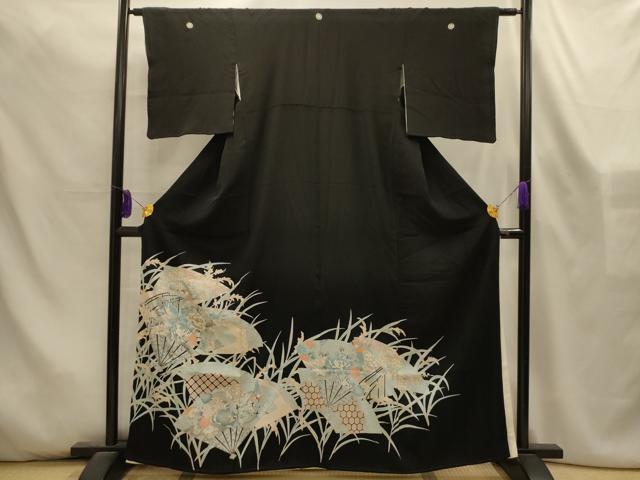 平和屋着物■豪華黒留袖 駒刺繍 扇面花鳥文 金銀彩 正絹 逸品 AABL4505sx