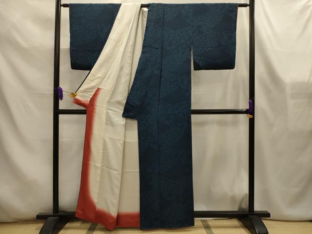 平和屋着物■上質な小紋 型染め 藍 花唐草文 鬼しぼ縮緬 正絹 逸品 AABL4528sx