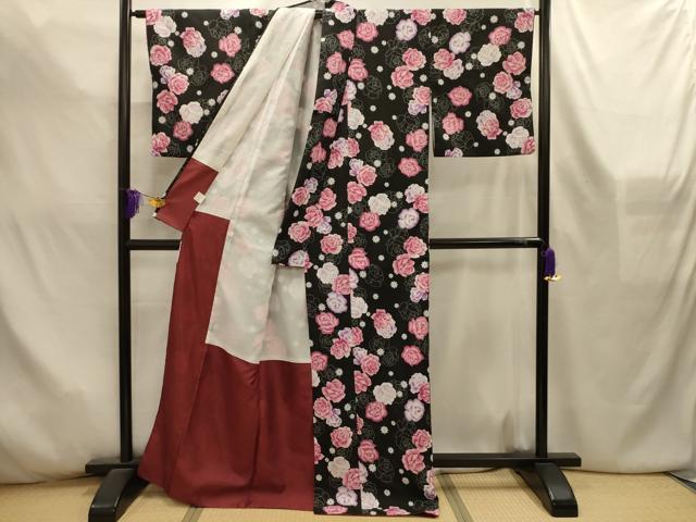平和屋着物■小紋 薔薇 黒地 洗える着物 AABL4556sx