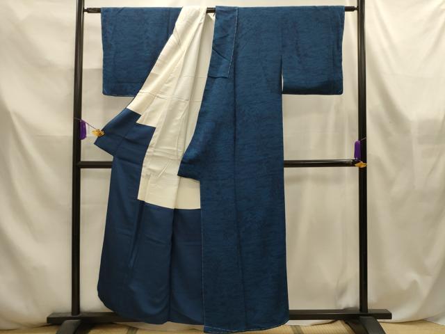 平和屋着物■上質な小紋 藍 型染め 花籬文 鬼しぼ縮緬 正絹 逸品 AABL4568sx