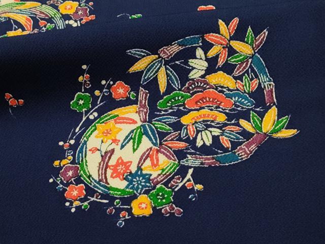 平和屋着物■上質な小紋 型染め 松竹梅花丸文 鬼しぼ縮緬 正絹 逸品 AABL4569sx
