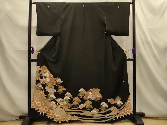 平和屋着物■豪華黒留袖 作家物 駒刺繍 束ね熨斗扇面花文 金彩 正絹 逸品 AABL4675sx