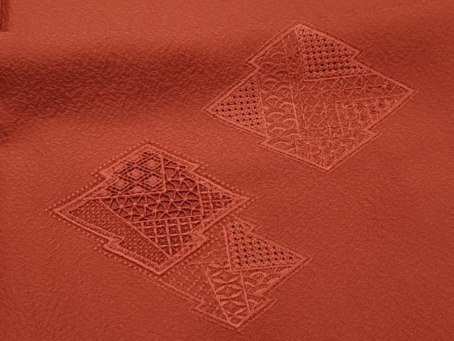 平和屋着物■中国三大刺繍 汕頭刺繍 スワトウ刺繍 無地絵羽訪問着 松皮菱吉祥文 赤丹色 正絹 逸品 AABL4706sx