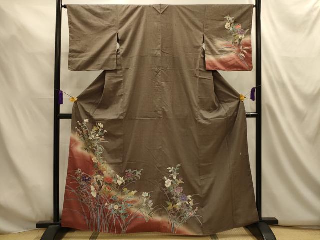 平和屋着物■訪問着 友禅 作家物 紬地 枝花文 暈し染め 金彩 正絹 逸品 AABL4933sx
