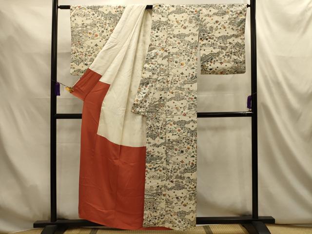 平和屋着物■上質な小紋 型染め 流水花風景文 正絹 逸品 AABL4934sx
