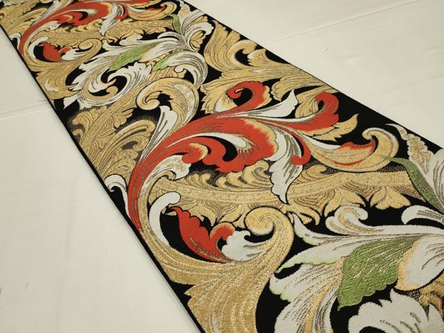 平和屋着物◎西陣 六通柄 本袋帯 花唐草文 黒地 金糸 証紙付き 正絹 逸品 AABL5022ou