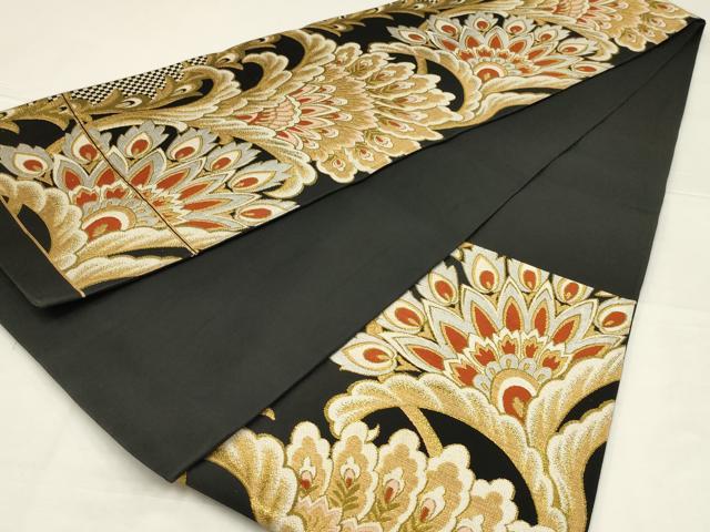 平和屋着物◎六通柄袋帯 更紗花文 黒地 金銀糸 正絹 逸品 AABL5029ou