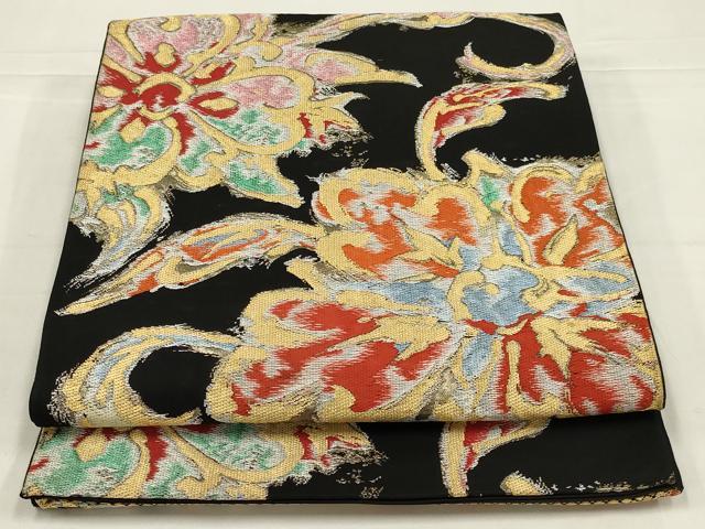 平和屋着物◎六通柄袋帯 草花文 黒地 金糸 正絹 逸品 AABL5046ou