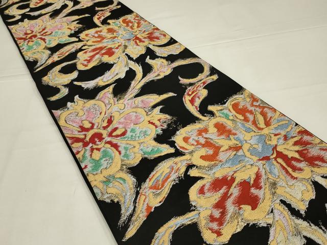 平和屋着物◎六通柄袋帯 草花文 黒地 金糸 正絹 逸品 AABL5046ou