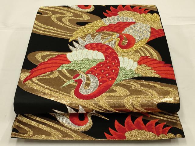 平和屋着物◎六通柄袋帯 唐織 流水飛鶴文 黒地 金銀糸 正絹 逸品 AABL5048ou
