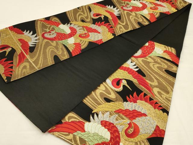 平和屋着物◎六通柄袋帯 唐織 流水飛鶴文 黒地 金銀糸 正絹 逸品 AABL5048ou