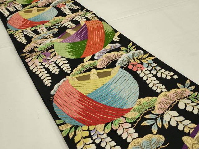 平和屋着物◎六通柄袋帯 唐織 糸巻き松文 黒地 金糸 正絹 逸品 AABL5057ou