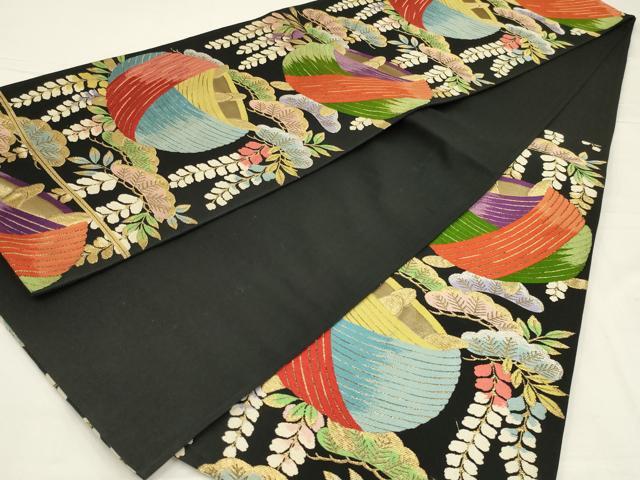 平和屋着物◎六通柄袋帯 唐織 糸巻き松文 黒地 金糸 正絹 逸品 AABL5057ou