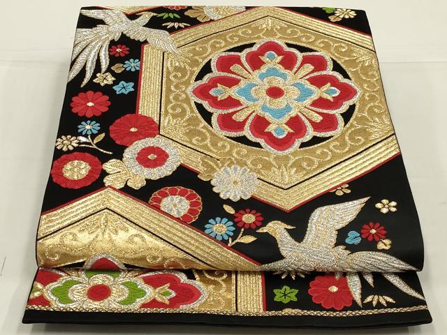 平和屋着物◎六通柄袋帯 唐織 鳳凰亀甲花文 黒地 金銀糸 正絹 逸品 未使用 AABL5060ou