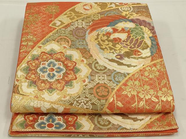 平和屋着物◎六通柄袋帯 地紙鳳凰花文 金糸 正絹 逸品 AABL5061ou
