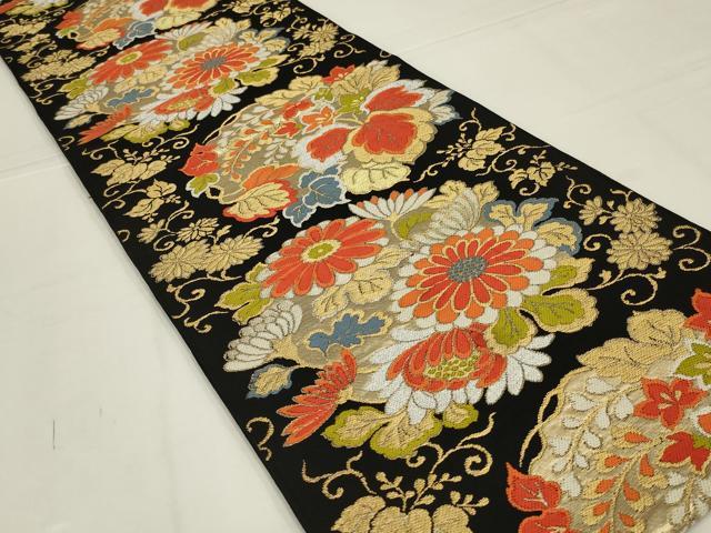 平和屋着物◎六通柄 本袋帯 唐織 花丸文 黒地 金銀糸 正絹 逸品 AABL5068ou