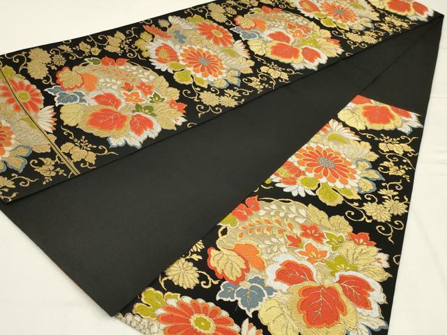 平和屋着物◎六通柄 本袋帯 唐織 花丸文 黒地 金銀糸 正絹 逸品 AABL5068ou
