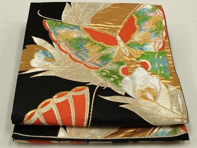 平和屋着物◎六通柄袋帯 花蝶文 黒地 金銀糸 正絹 逸品 AABL5072ou