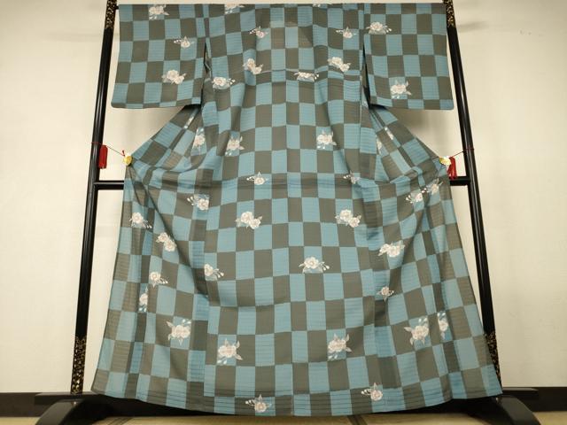 平和屋着物*夏物 小紋 絽縮緬 市松花文 洗える着物 AABL5121jd