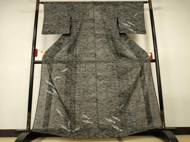 平和屋着物*夏物 訪問着 縦絽 立波文 魚 黒地 洗える着物 AABL5122jd