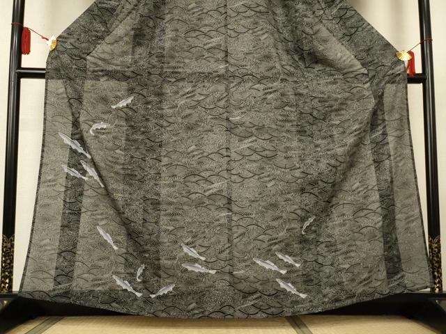 平和屋着物*夏物 訪問着 縦絽 立波文 魚 黒地 洗える着物 AABL5122jd