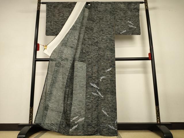 平和屋着物*夏物 訪問着 縦絽 立波文 魚 黒地 洗える着物 AABL5122jd