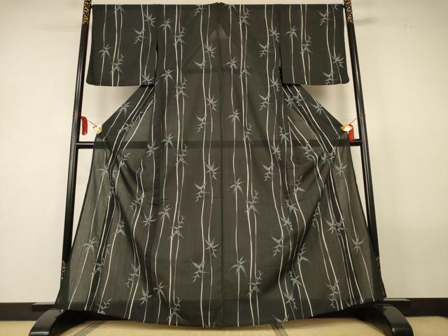 平和屋着物*夏物 小紋 紗 笹竹文 黒地 洗える着物 AABL5150jd