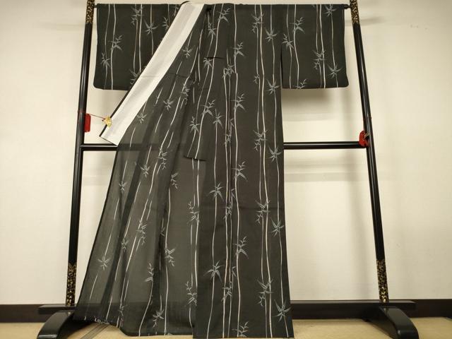 平和屋着物*夏物 小紋 紗 笹竹文 黒地 洗える着物 AABL5150jd