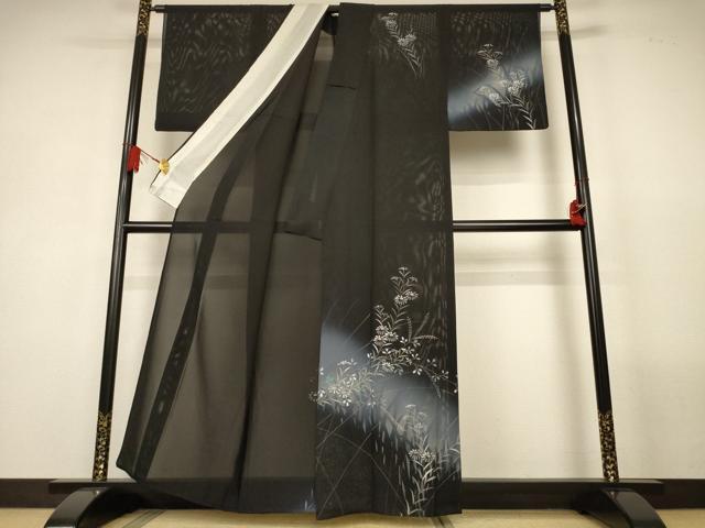 平和屋着物*夏物 訪問着 絽 手描き 草花文 暈し染め 黒地 正絹 逸品 AABL5169jd
