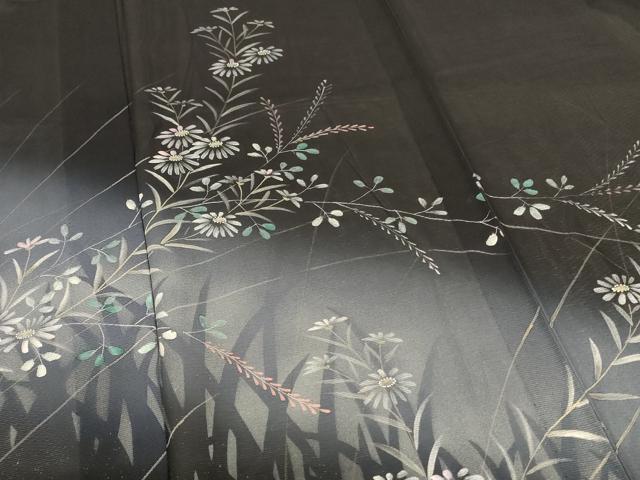 平和屋着物*夏物 訪問着 絽 手描き 草花文 暈し染め 黒地 正絹 逸品 AABL5169jd