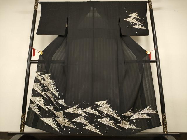 平和屋着物*夏物 訪問着 縦絽 総刺繍 舞花文 黒地 金糸 正絹 逸品 AABL5184jd