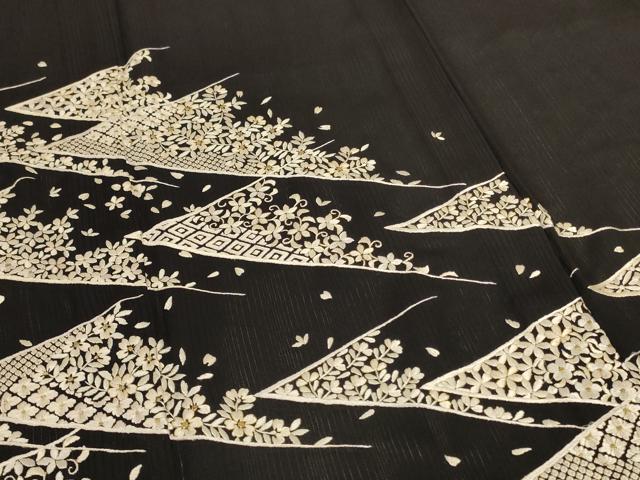 平和屋着物*夏物 訪問着 縦絽 総刺繍 舞花文 黒地 金糸 正絹 逸品 AABL5184jd