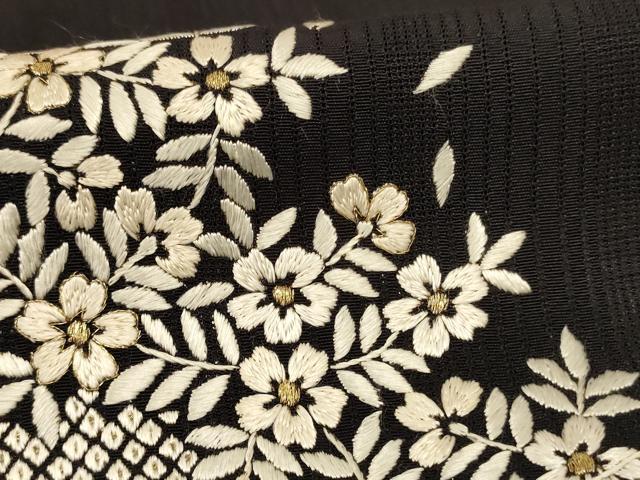 平和屋着物*夏物 訪問着 縦絽 総刺繍 舞花文 黒地 金糸 正絹 逸品 AABL5184jd