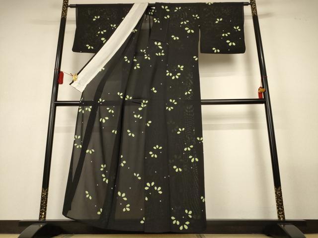 平和屋着物*夏物 小紋 絽 絞り 舞葉文 黒地 正絹 逸品 AABL5222jd