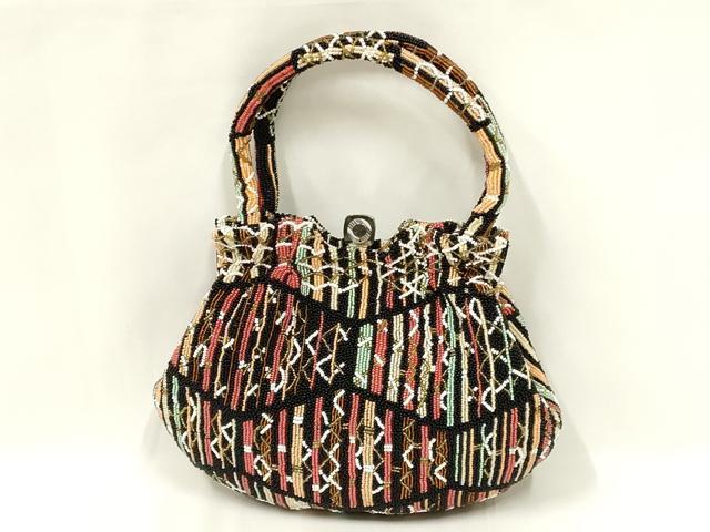 平和屋着物●和装小物 和装バッグ ハンドバッグ ビーズバッグ 手刺繍 亀甲繋ぎ 変わり縞 逸品 AABL5392ay