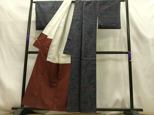 平和屋着物■上質な紬 幾何学文様 正絹 逸品 AABL5417oa