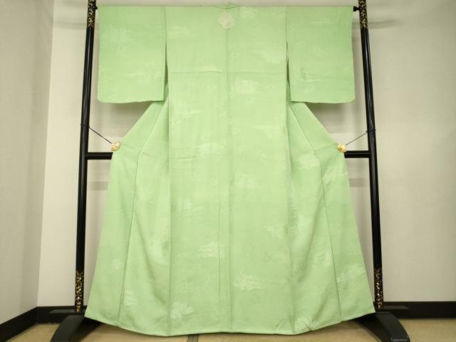 平和屋着物●上質な色無地 風景地紋 山葵色 正絹 逸品 AABL5460ck