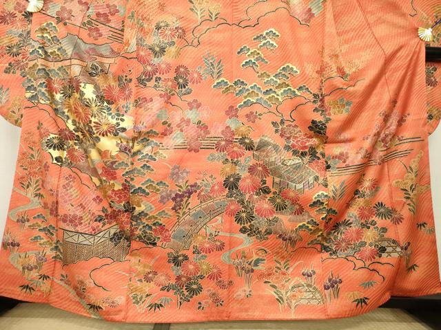 平和屋着物●豪華振袖 駒刺繍 風景花文 金彩 正絹 逸品 AABL5489ck