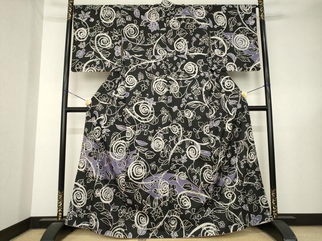 平和屋着物●本場大島紬 染大島 訪問着 花唐草文 黒地 正絹 逸品 AABL5527ck